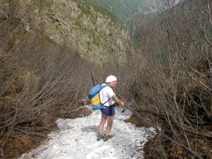 In discesa nel vallone
di Fiotte, sfruttando i varchi
creati dai piccoli nevai
(46356 bytes)